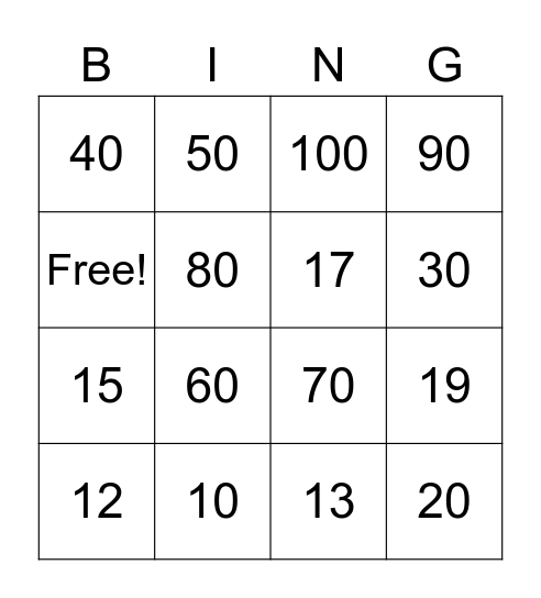 Tens Bingo Card