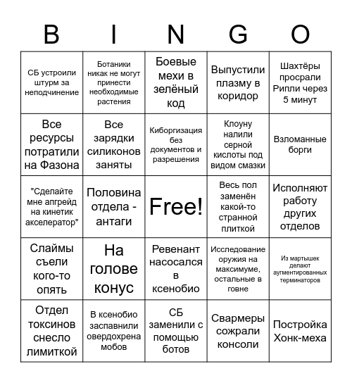 SS13 RnD scientist bingo Card