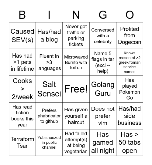 Team Bingo Card