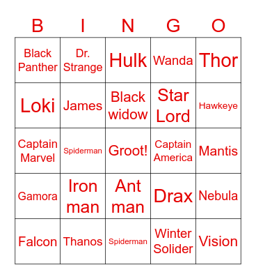 Marvel Bingo Card