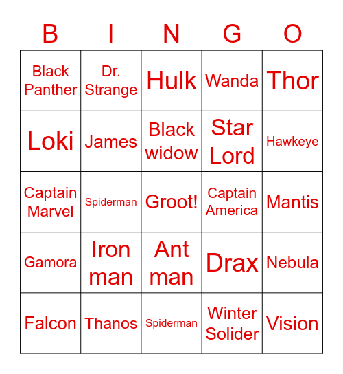 Marvel Bingo Card