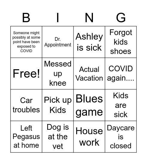 Reasons Eric is Late/Out for the day Bingo Card