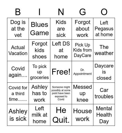 Reasons Eric is Late/Not at Work Bingo Card