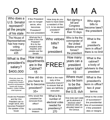 Executive Branch Bingo Card