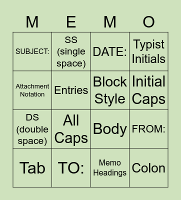 MEMO Bingo Card