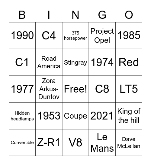 Corvette Bingo Card