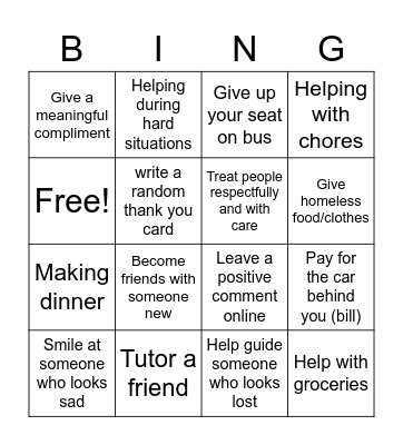 Kindness Bin - go Bingo Card