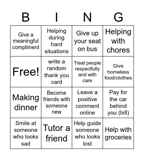 Kindness Bin - go Bingo Card