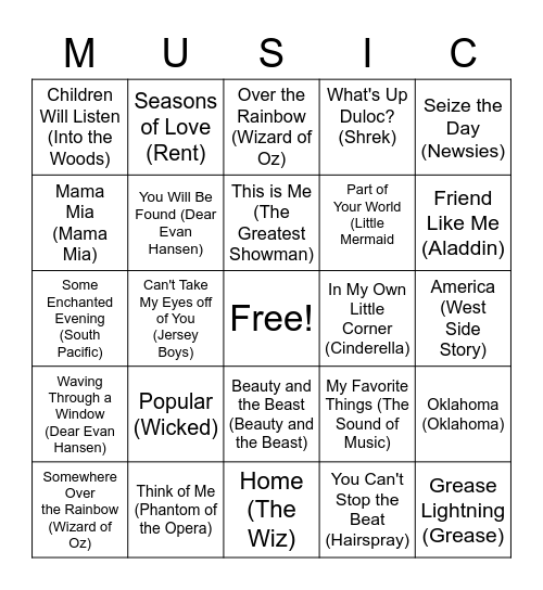 Broadway Musical Bingo Card