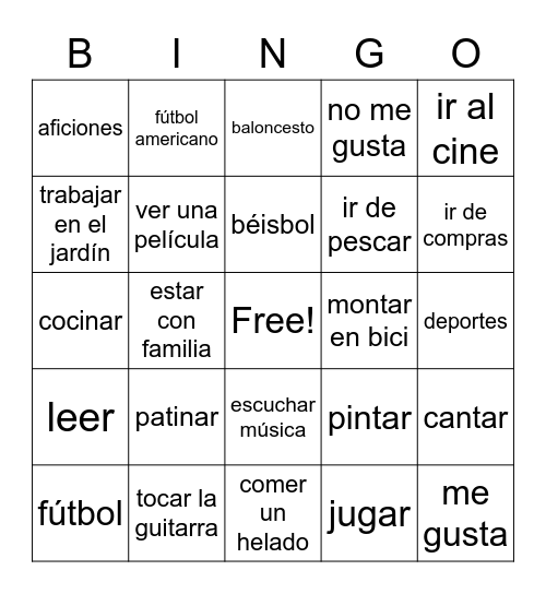 Aficiones y deportes Bingo Card