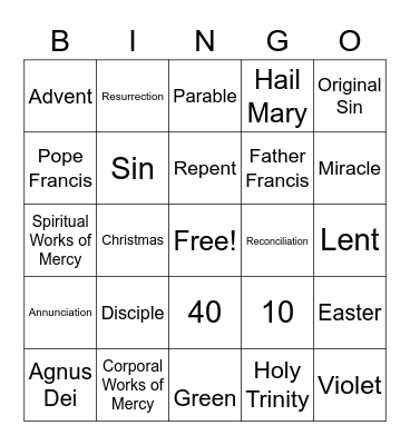 3rd Grade Faith Formation Bingo Card