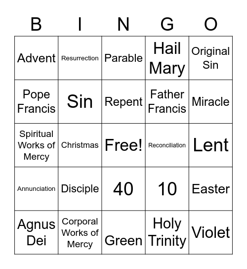 3rd Grade Faith Formation Bingo Card