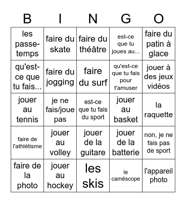 FR 1 - Ch 5-1 Vocab (pastimes & activities) Bingo Card