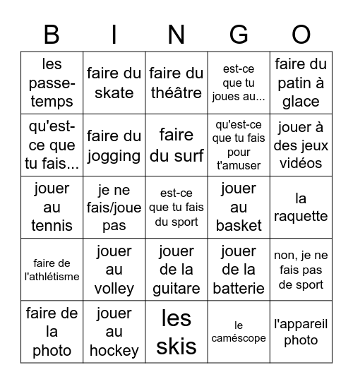 FR 1 - Ch 5-1 Vocab (pastimes & activities) Bingo Card