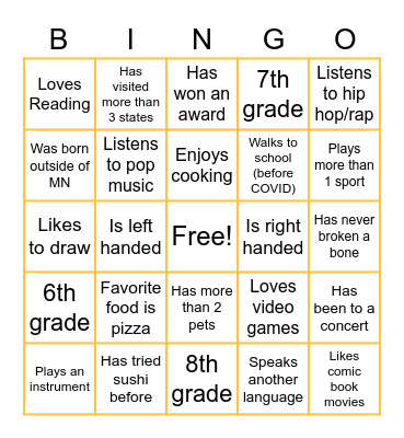 Middle School Bingo Card