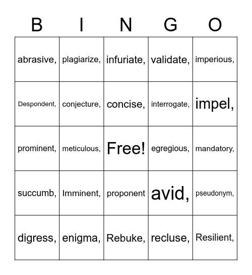 Vocabulary Bingo Card