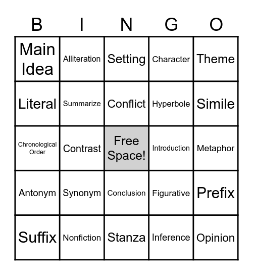 4th Grade ELA Vocabulary Review Bingo Card