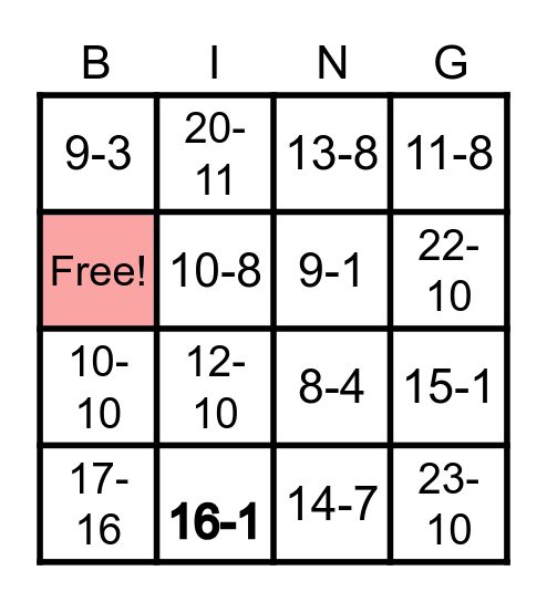 Subtraction Bingo Card