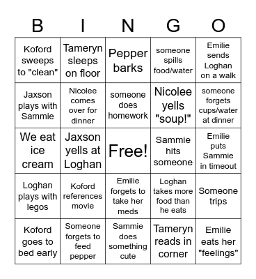 Koford family Bingo Card