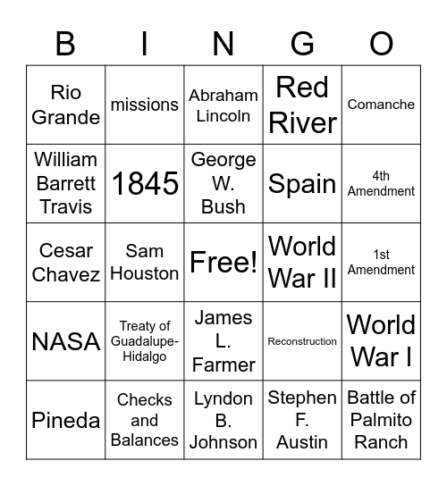Texas History End of Year Review Bingo Card