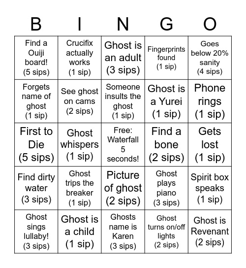 Phasmo Drinking Game Bingo Card
