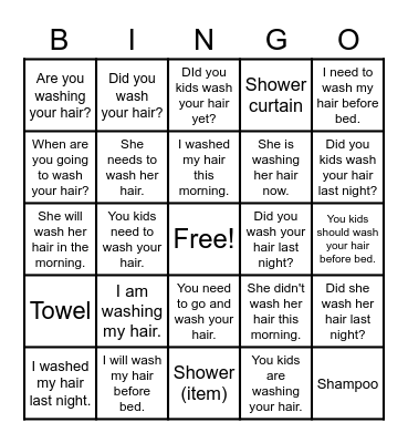 Washing Hair Bingo Card