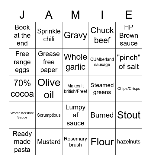 Jamie Oliver bingo Card
