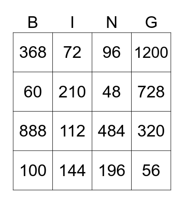 Multiplication Bingo Card