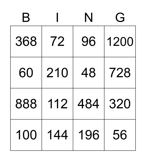 Multiplication Bingo Card