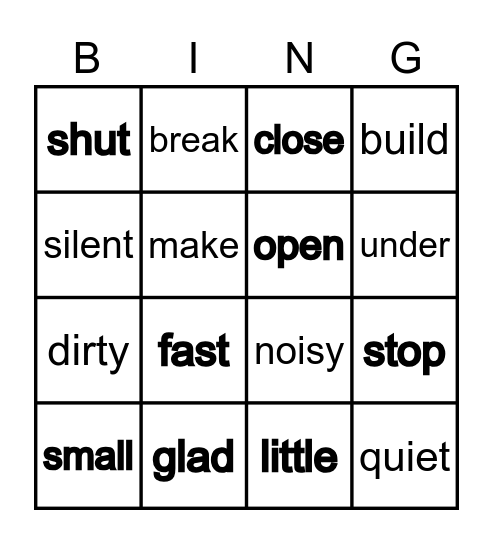 Synonym and Antonym Bingo Card