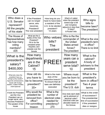 Executive Branch Bingo Card