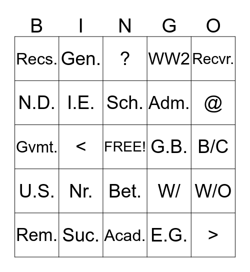 Abbreviation Bingo Card