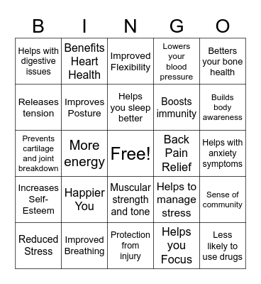 Health Benefits of Yoga Bingo Card