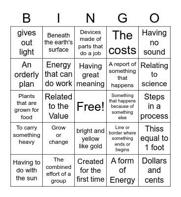 Vocabulary Bingo Card