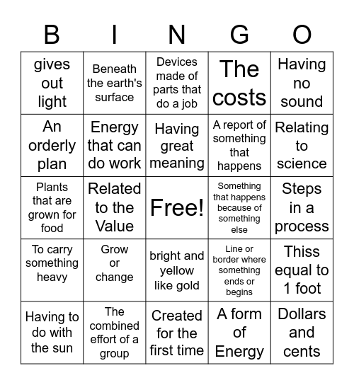 Vocabulary Bingo Card