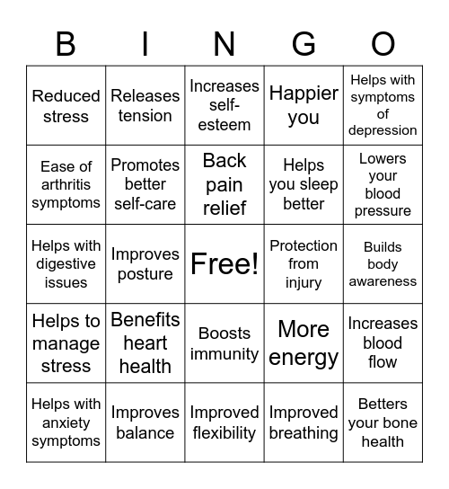 Health Benefits of Yoga Bingo Card