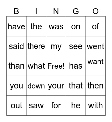 Sight Words 2 Bingo Card