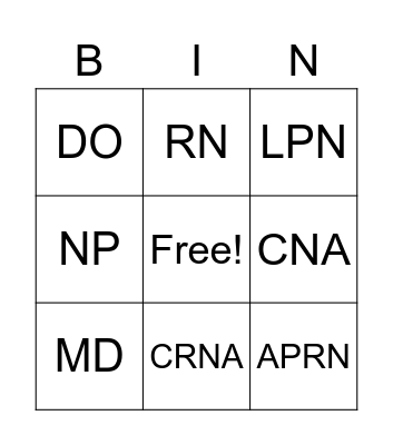 Nursing Bingo Card