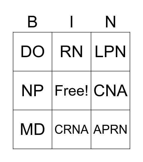 Nursing Bingo Card