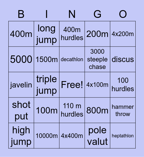 Track and field Bingo Card