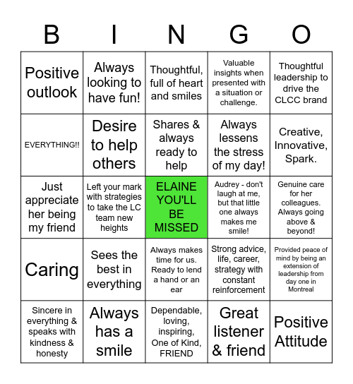 Elaine - an OG LC Bingo Card