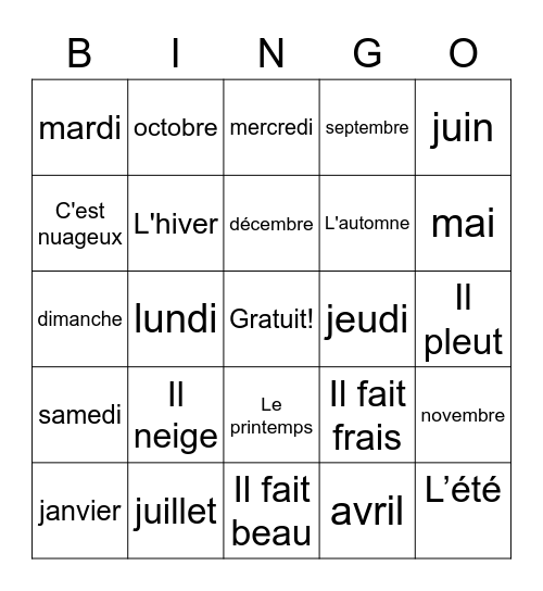 Prof du jour BINGO Card