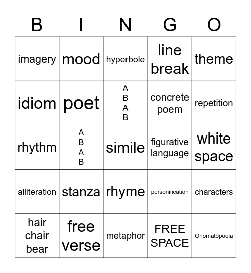 Poetry Bingo Card