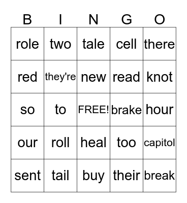 Homonym Bingo Card