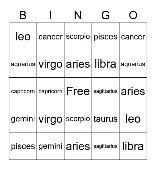 Zodiac Bingo Card