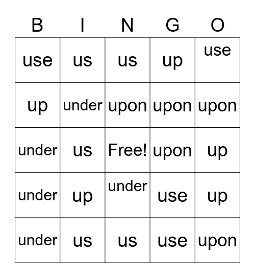 "U" Sight Words Bingo Card