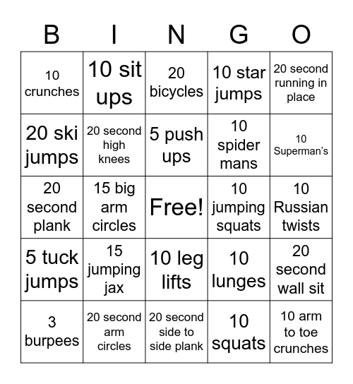 Exercise Bingo Card