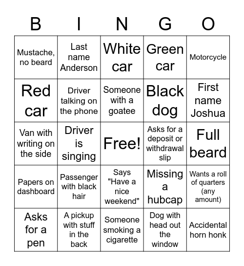 Drive Thru Bingo! Bingo Card