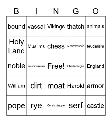 Middle Ages Bingo Card
