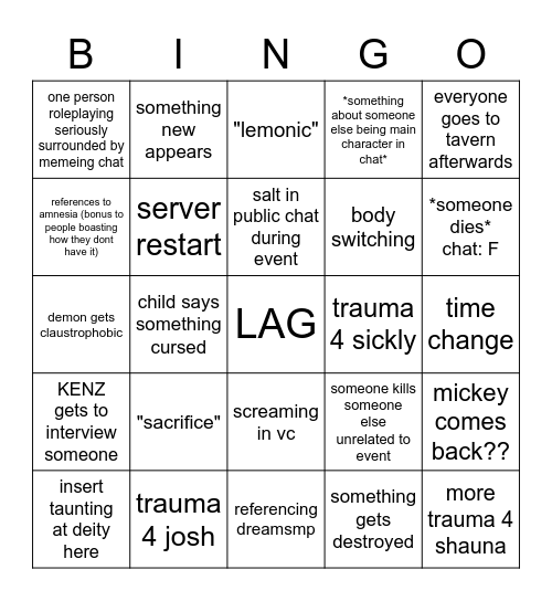 truesmp event bingo Card